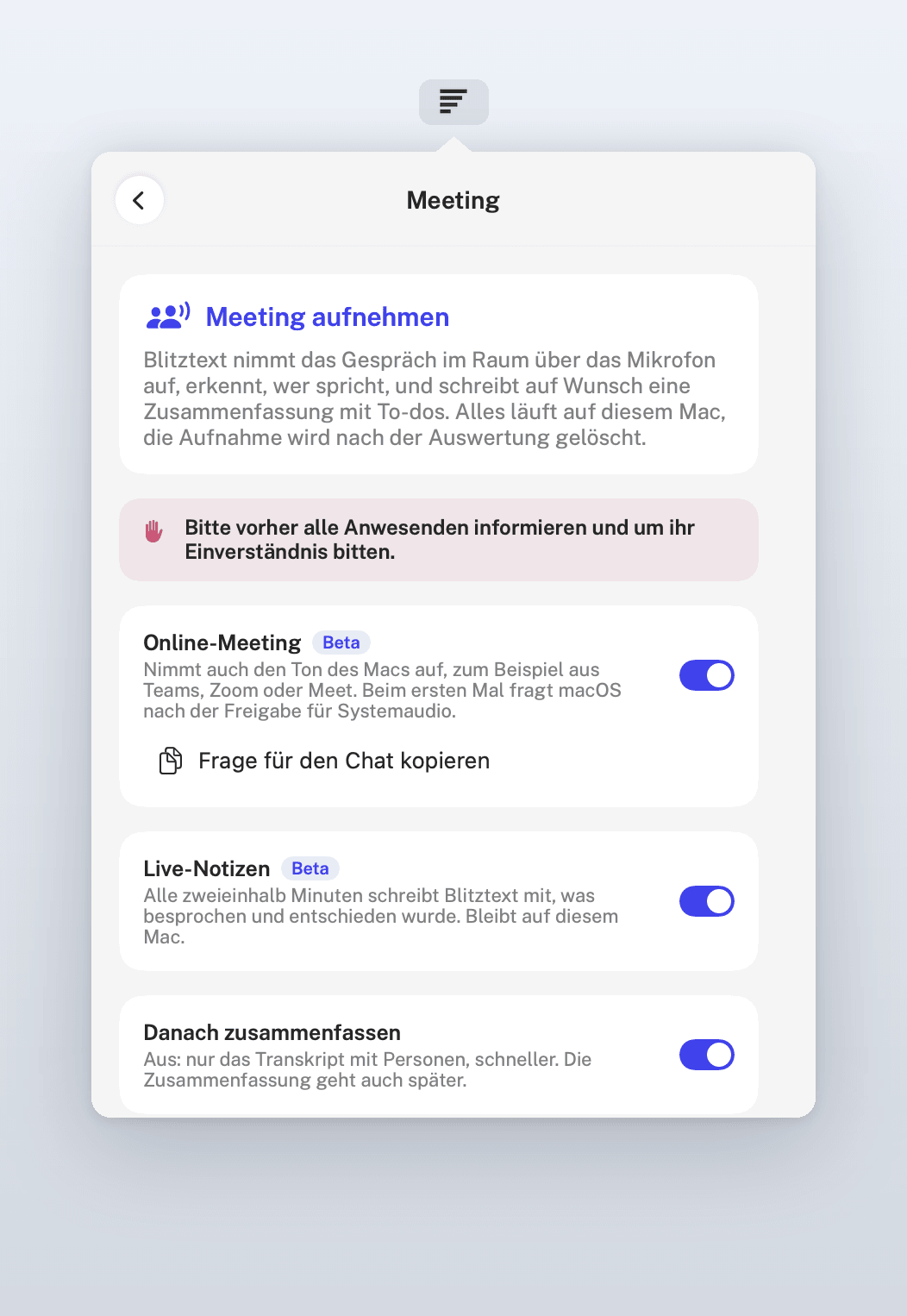 Meeting aufnehmen: Hinweis zum Einverständnis, Schalter für Online-Meeting und Live-Notizen (Beta) und für die Zusammenfassung