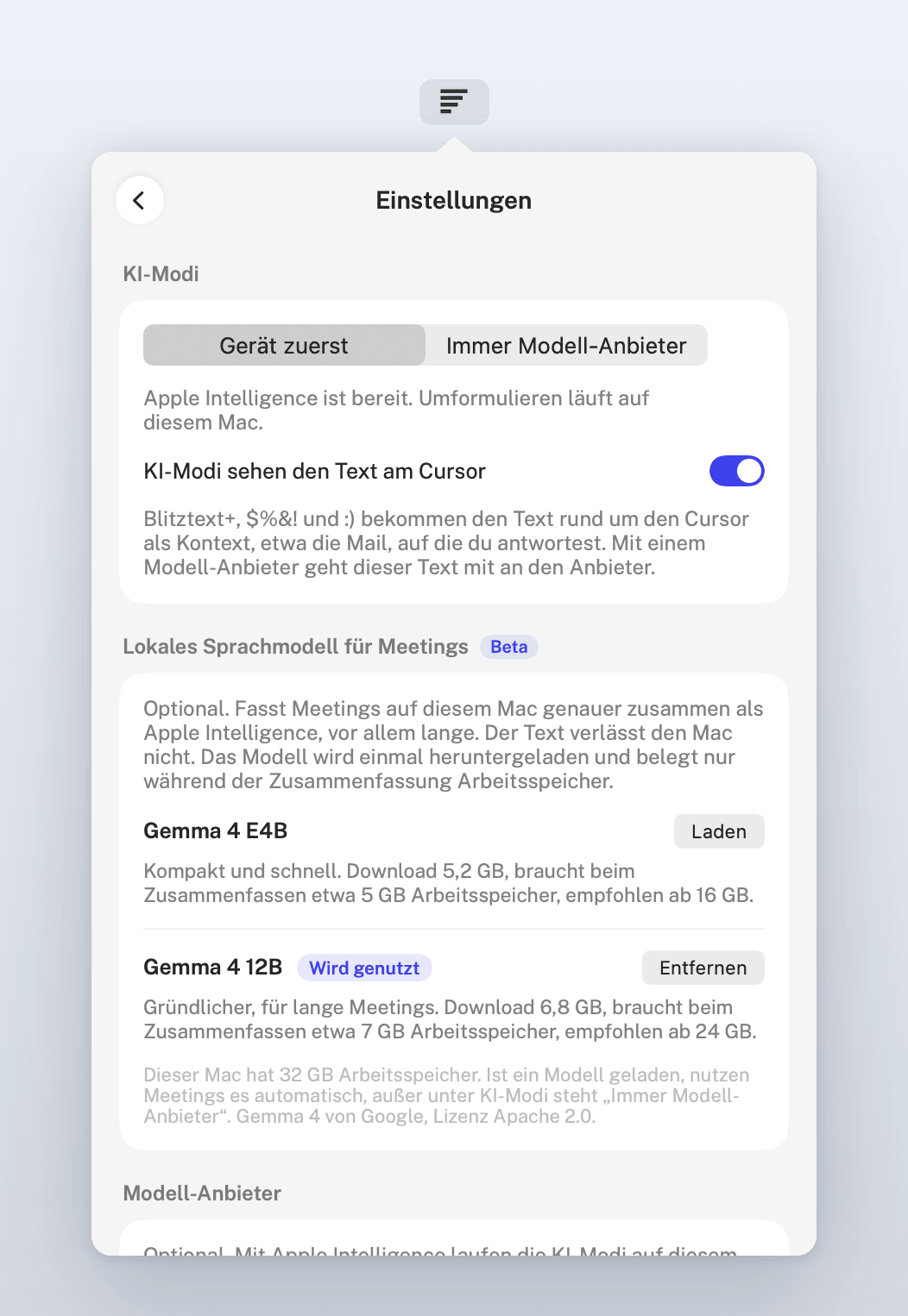 Einstellungen, Modelle: KI-Modi mit Apple Intelligence und das lokale Sprachmodell für Meetings mit Gemma 4 E4B und 12B