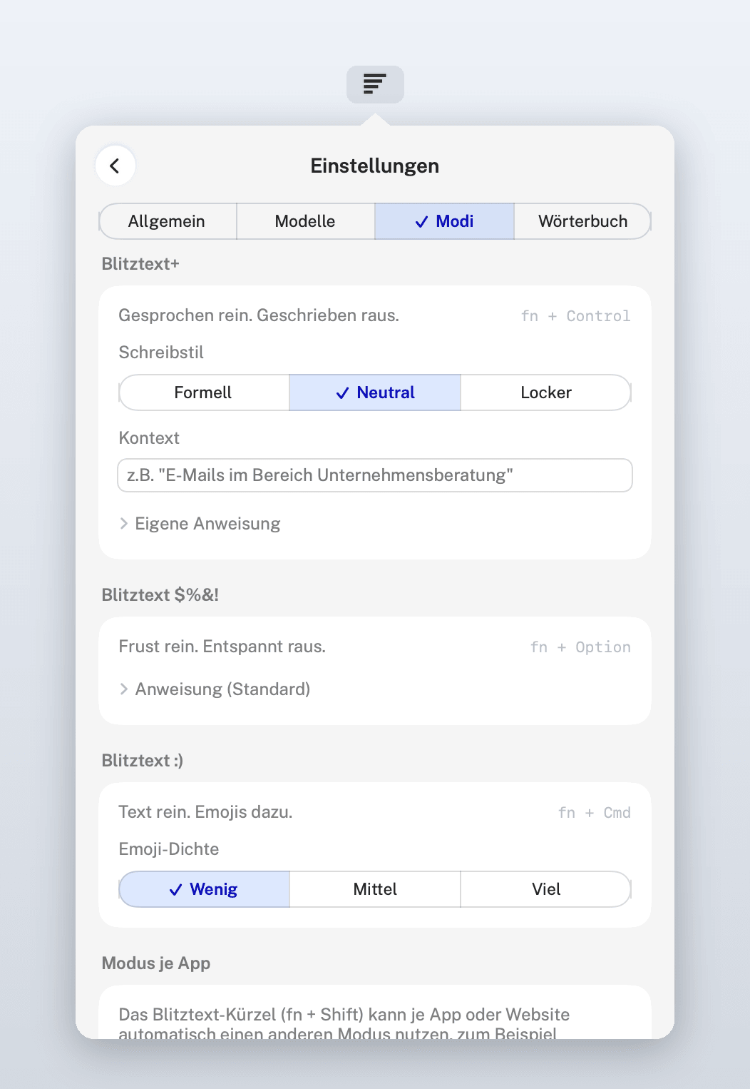 Einstellungen, Modi: Schreibstil für Blitztext+, Anweisung für Blitztext $%&!, Emoji-Dichte für Blitztext :) und Modus je App