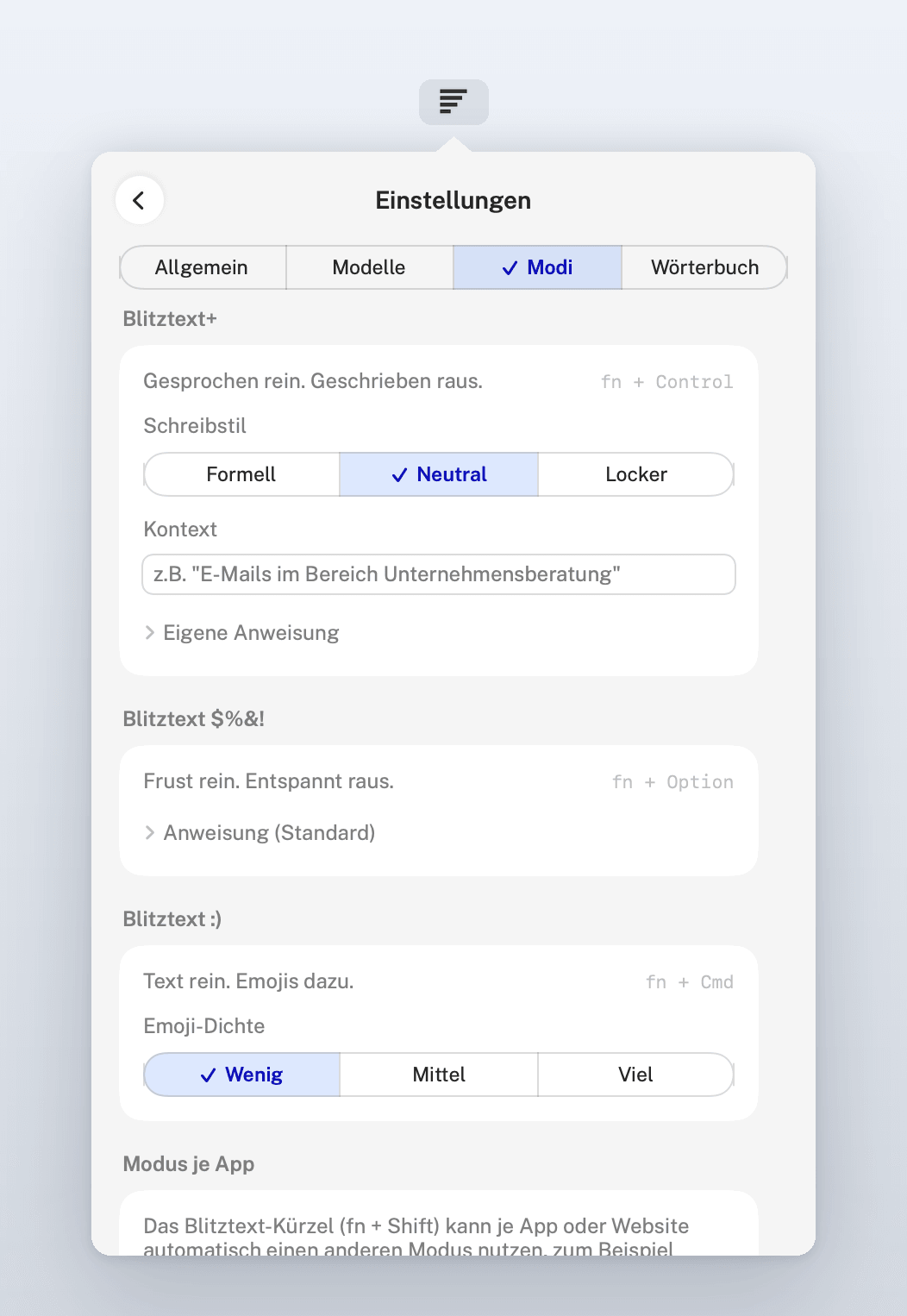 Einstellungen, Modi: Schreibstil für Blitztext+, Anweisung für Blitztext $%&!, Emoji-Dichte für Blitztext :) und Modus je App